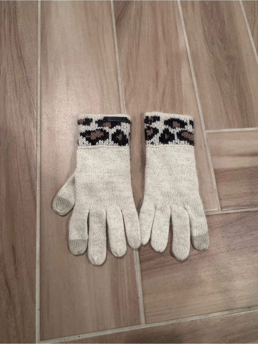 Coach Cream Knit Gloves with Leopard Accent